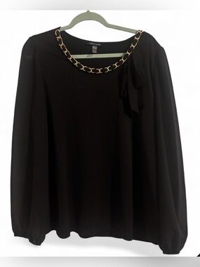 Cable & Gauge Black Blouse with Gold Chain Neckline